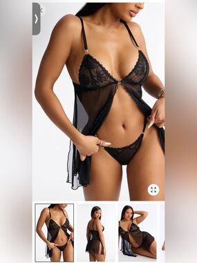 Sheer Lace Babydoll Nightdress with Matching Thong - Black